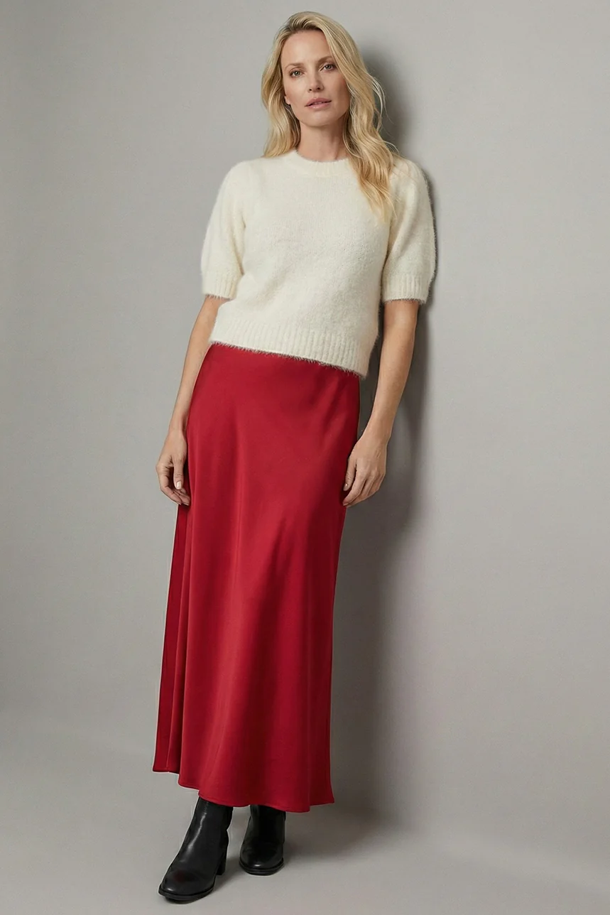 La jupe en satin rouge