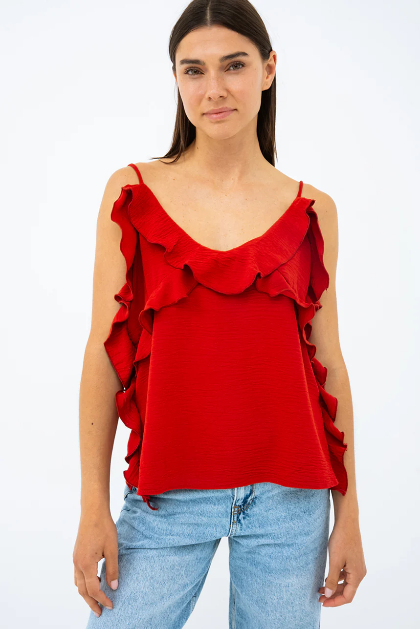 La camisole à volants fines bretelles