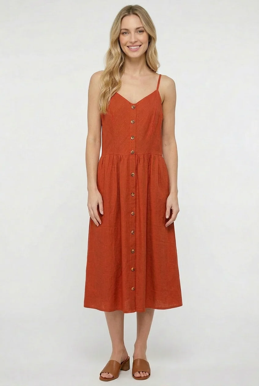 Robe midi effet lin à bretelles