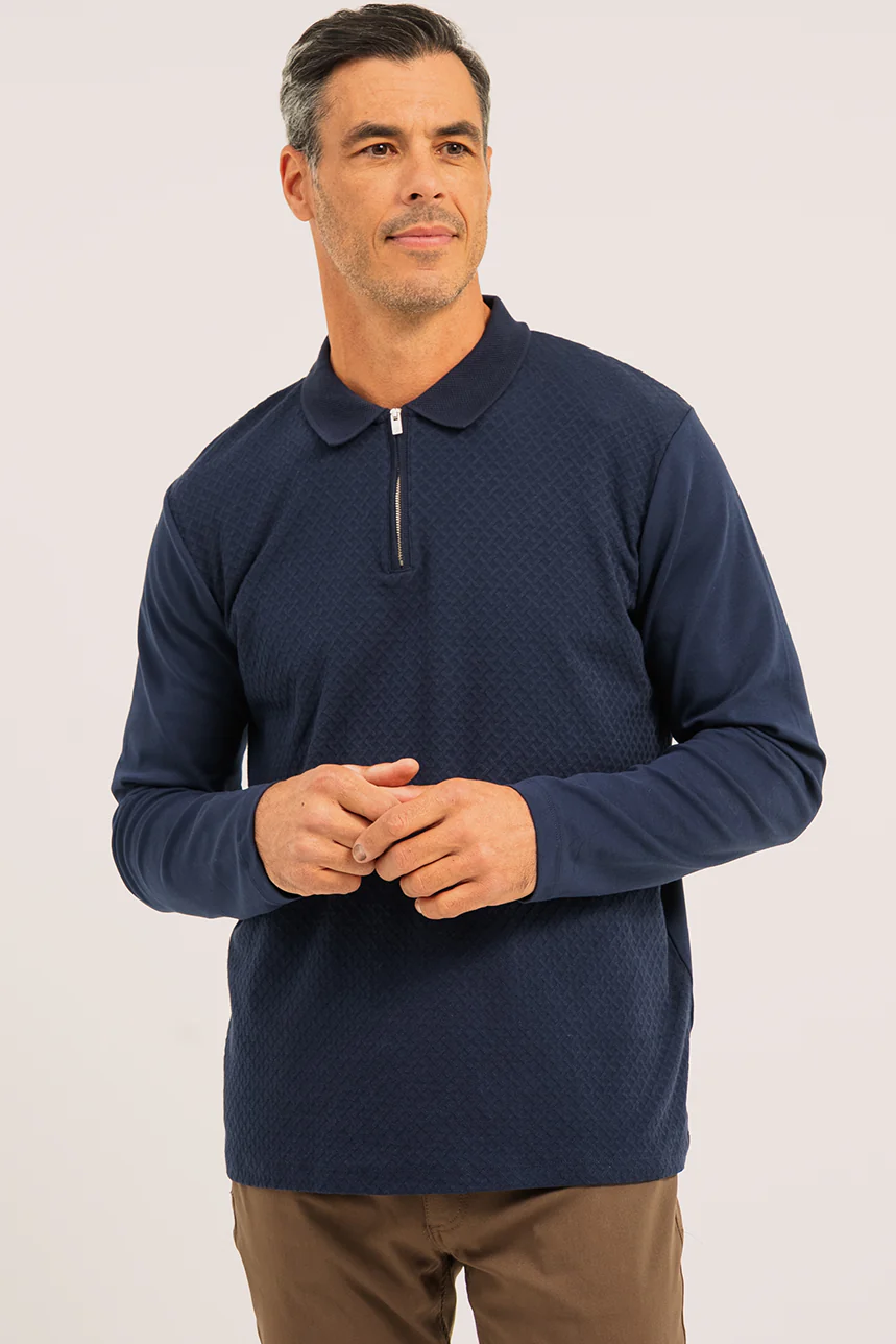 Le polo marine bi-matière à manches longues