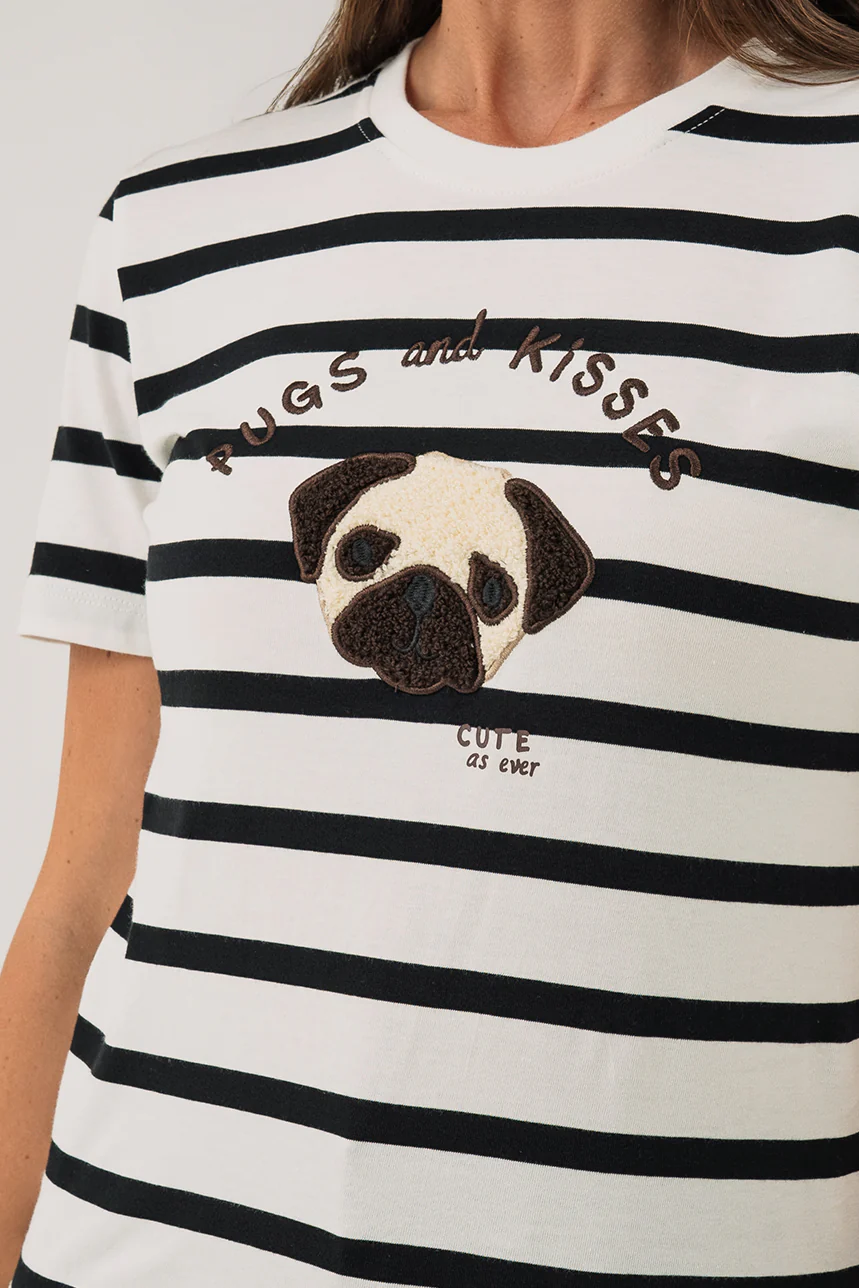 Le t-shirt rayé blanc et noir avec broderie de chien - Image 4